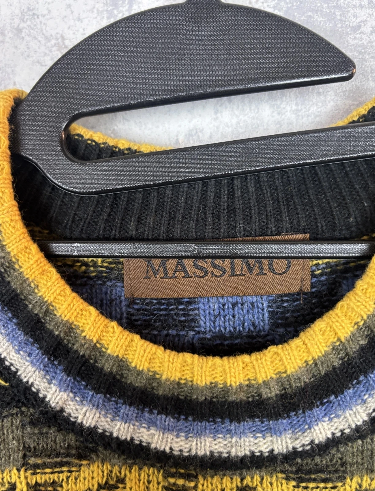 Massimo Round Neck Sweater Vintage Coogi Style Mustard Yellow Blue | 80% Wool | Size M – photo 5
